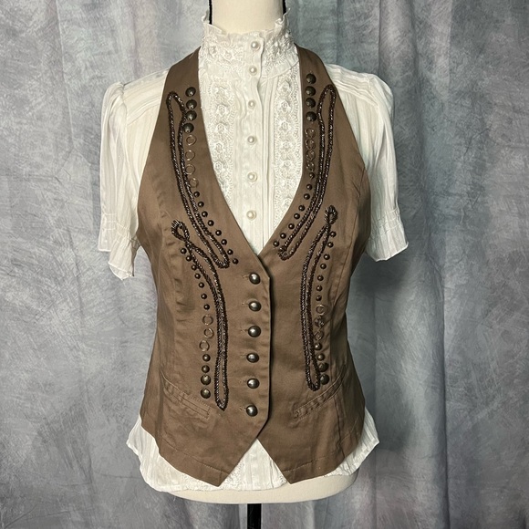 LUCY PARIS Brown Steam Punk Victorian Style Vest with Brass Look Buttons & Beads - Picture 13 of 14